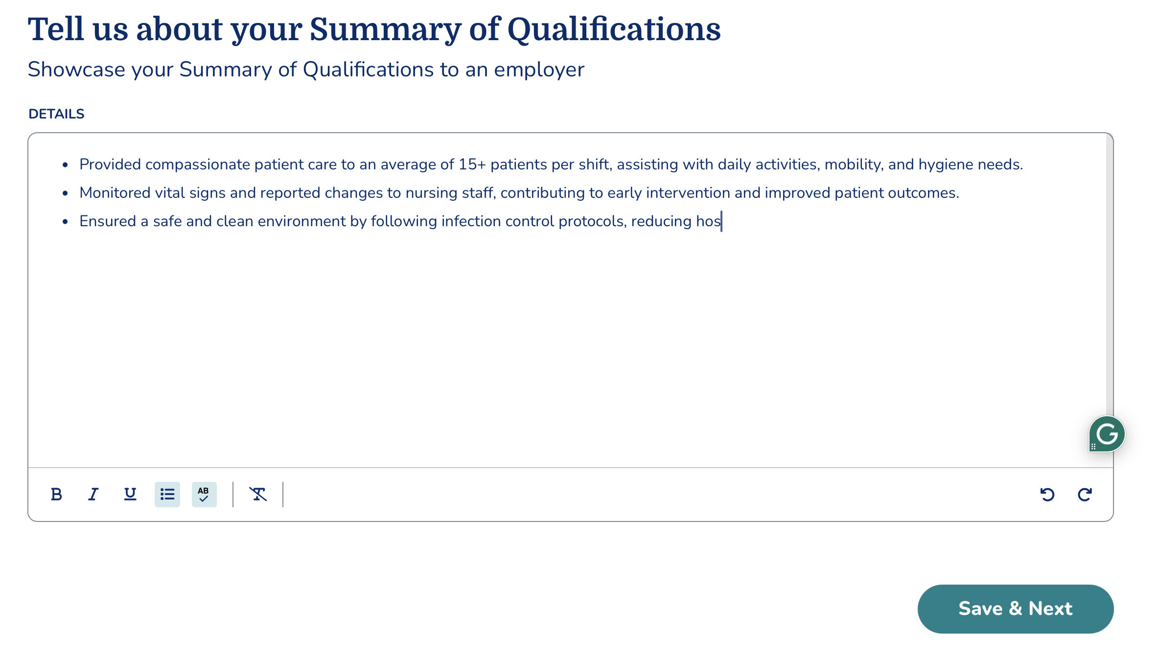Resume Builder interface showing summary of qualifications field